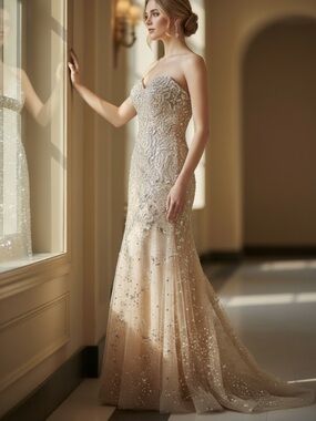 Sparkling Strapless nude Gown with Sequins/chiffon siz xsm NWT